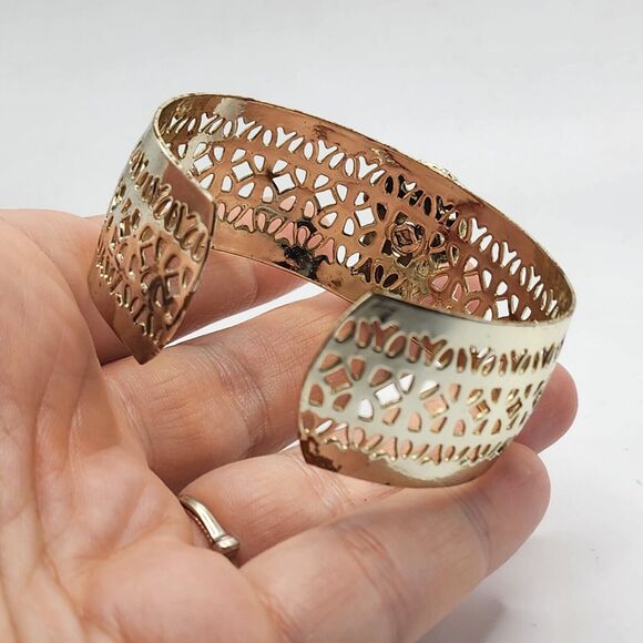 Vintage Gold Tone Royal Blue Glass Filigree Adjustable Bangle Cuff Bracelet - Picture 4 of 5